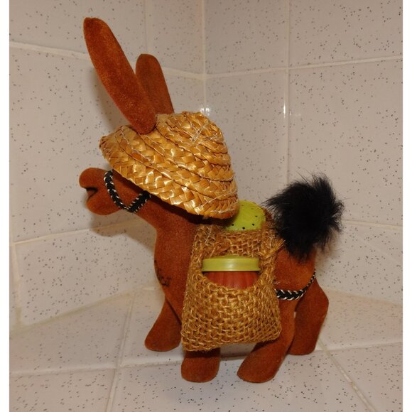 Vintage Fuzzy Flocked Donkey Carrying Salt & Pepper Shakers Puerto Rico Souvenir - Picture 6 of 13